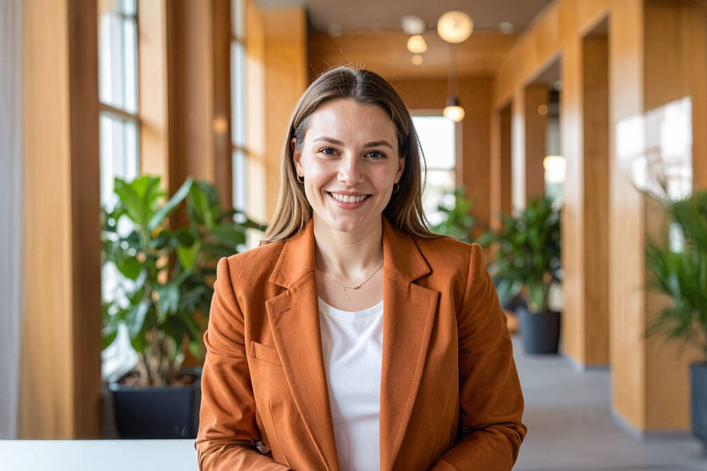 Portrait of a business woman in an office setting surround be office plants
