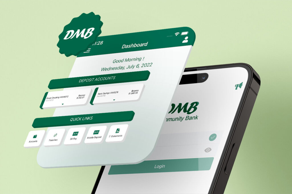 3D model of a phone with an exploded view showcasing interface components of DMB Community Bank App