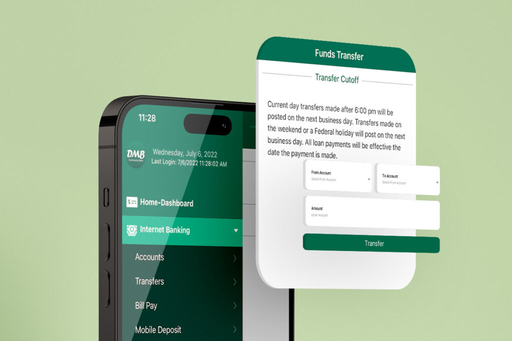 3D model of the DMB Community Bank App featuring an exploded view of the Transfer Funds screen highlighting interface components